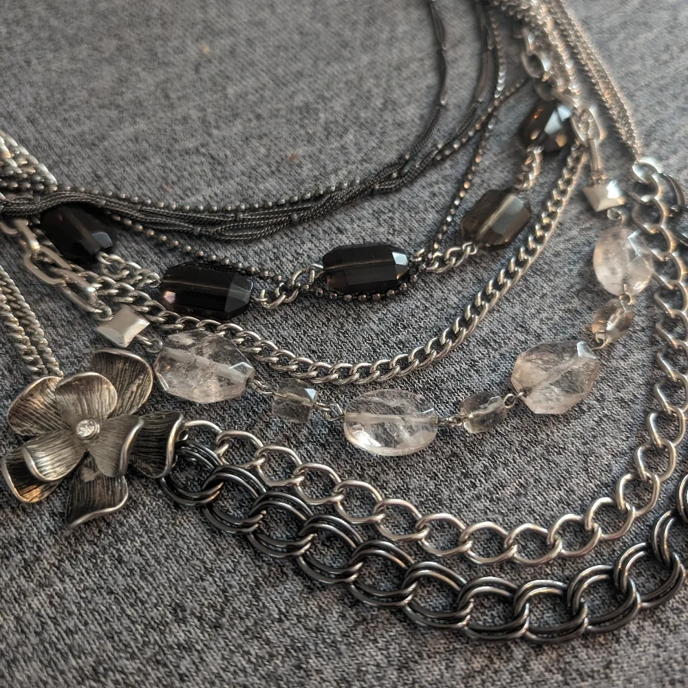 3/$15 | Mexx Multi-layer Chain Necklace with Beads, Flowers, Silver Toned - Picture 2 of 4